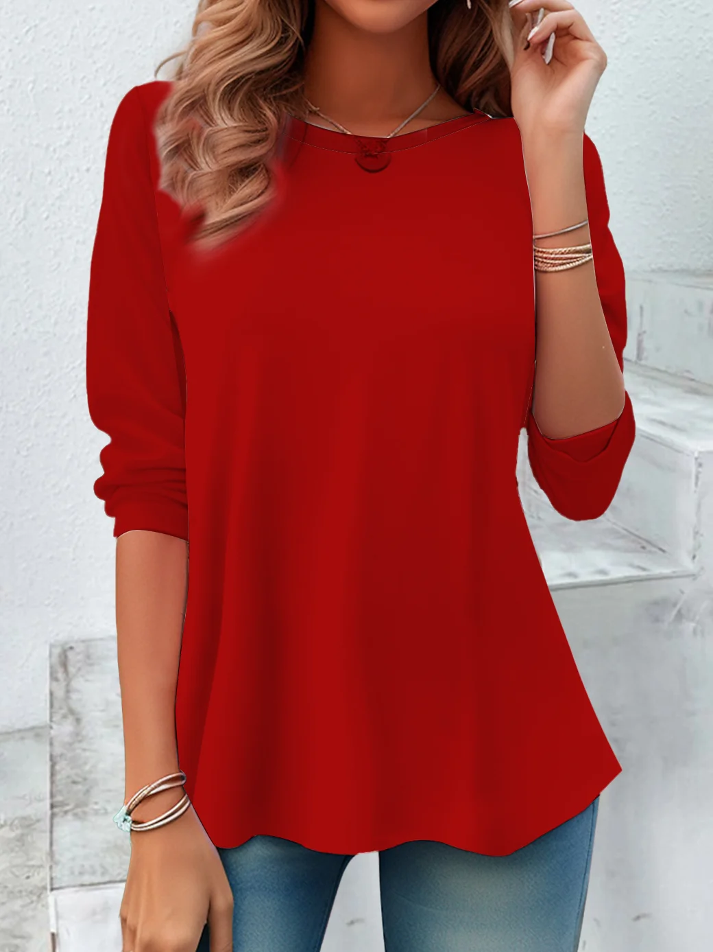 Women Plain Long Sleeve Tee T-shirt Crew Neck Casual Spring/Fall Tunic Top