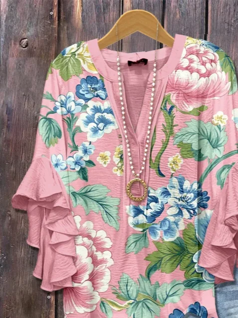 Women Floral Half Sleeve Shirt Summer Printing V Neck Daily Casual Top