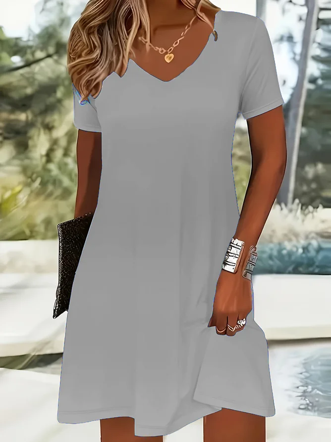 Women Little Black Dress Plain Short Sleeve Summer Dress V Neck Daily Casual Midi Fit & Flare Dress A-Line Dress