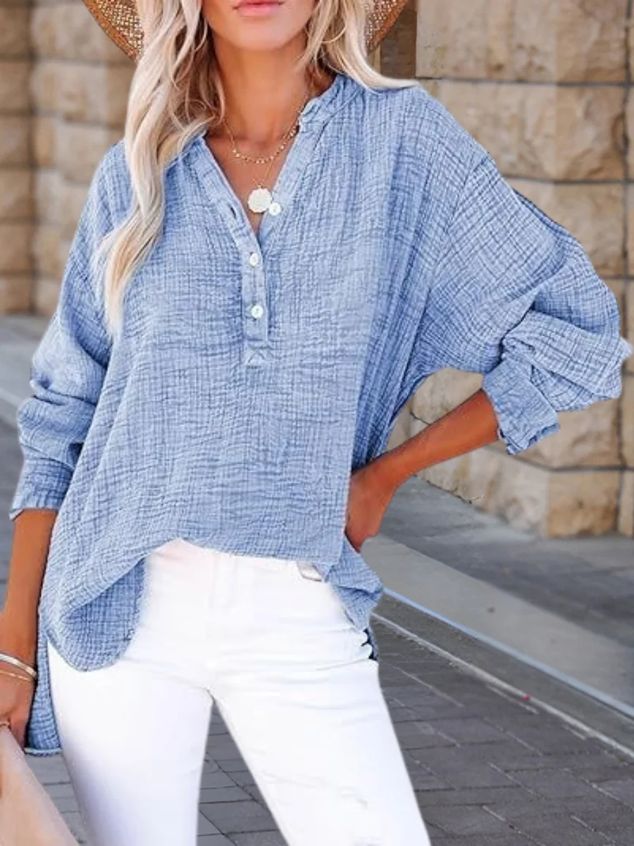 Women Plain Long Sleeve Shirt Spring/Fall Split Joint V Neck Daily Casual Top