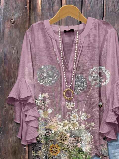 Women Floral Half Sleeve Shirt Summer Printing V Neck Daily Casual Top