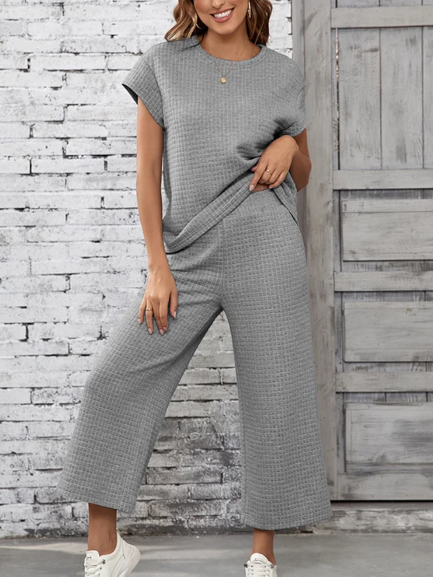 Women Plain Split Joint Two-Piece Set Daily Half Sleeve Casual Summer Top With Pants Matching Set