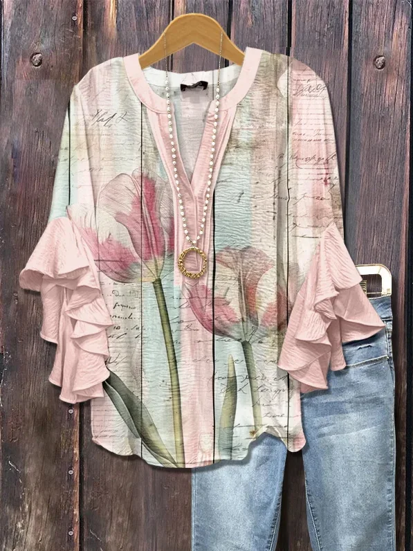 Women Floral Half Sleeve Shirt Summer Printing V Neck Daily Casual Top