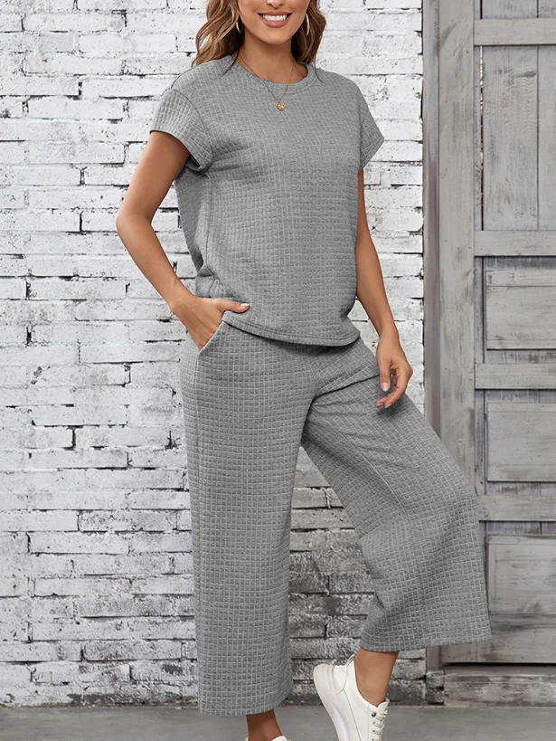 Women Plain Split Joint Two-Piece Set Daily Half Sleeve Casual Summer Top With Pants Matching Set