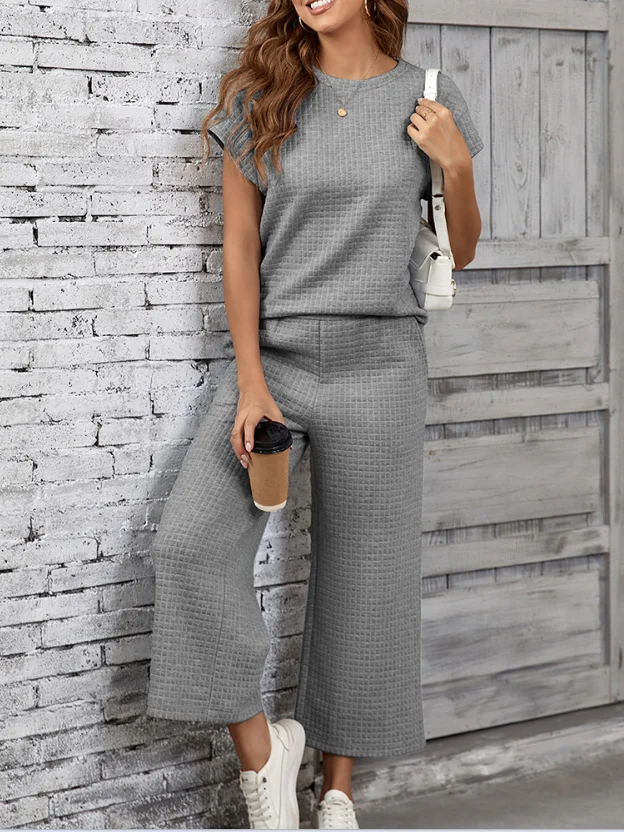 Women Plain Split Joint Two-Piece Set Daily Half Sleeve Casual Summer Top With Pants Matching Set