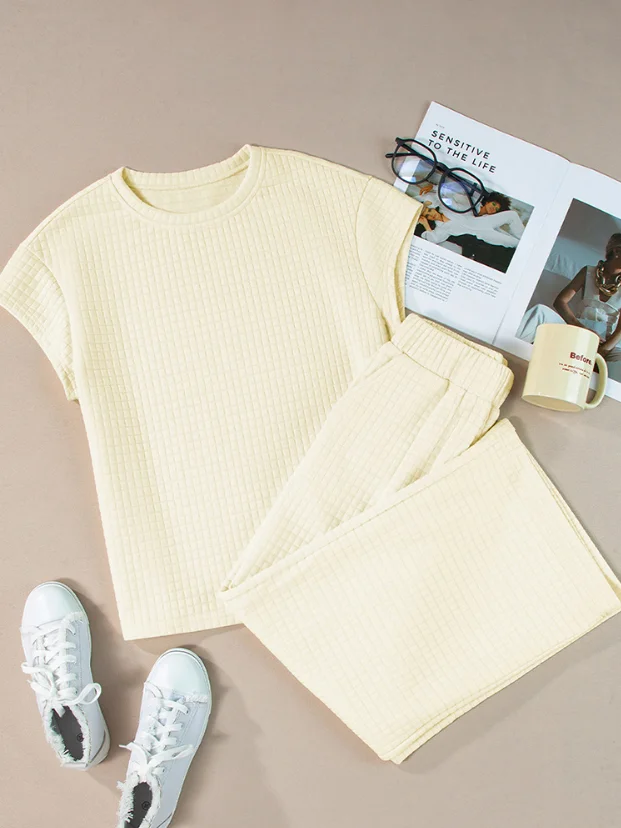 Women Plain Split Joint Two-Piece Set Daily Half Sleeve Casual Summer Top With Pants Matching Set