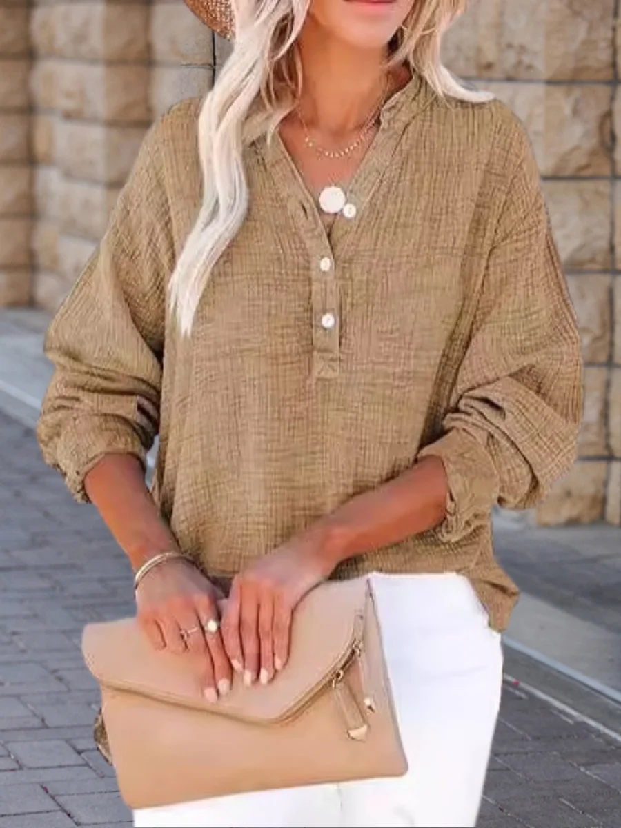 Women Plain Long Sleeve Shirt Spring/Fall Split Joint V Neck Daily Casual Top