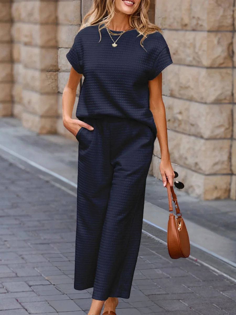 Women Plain Split Joint Two-Piece Set Daily Half Sleeve Casual Summer Top With Pants Matching Set