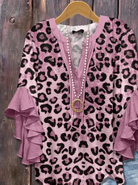 Women Leopard Half Sleeve Shirt Summer Printing V Neck Daily Casual Top