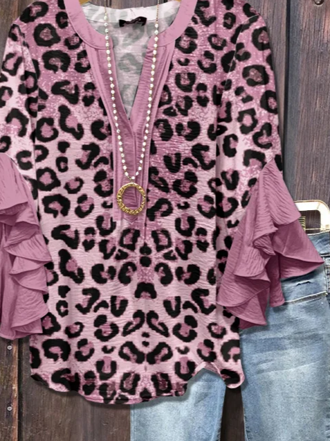 Women Leopard Half Sleeve Shirt Summer Printing V Neck Daily Casual Top