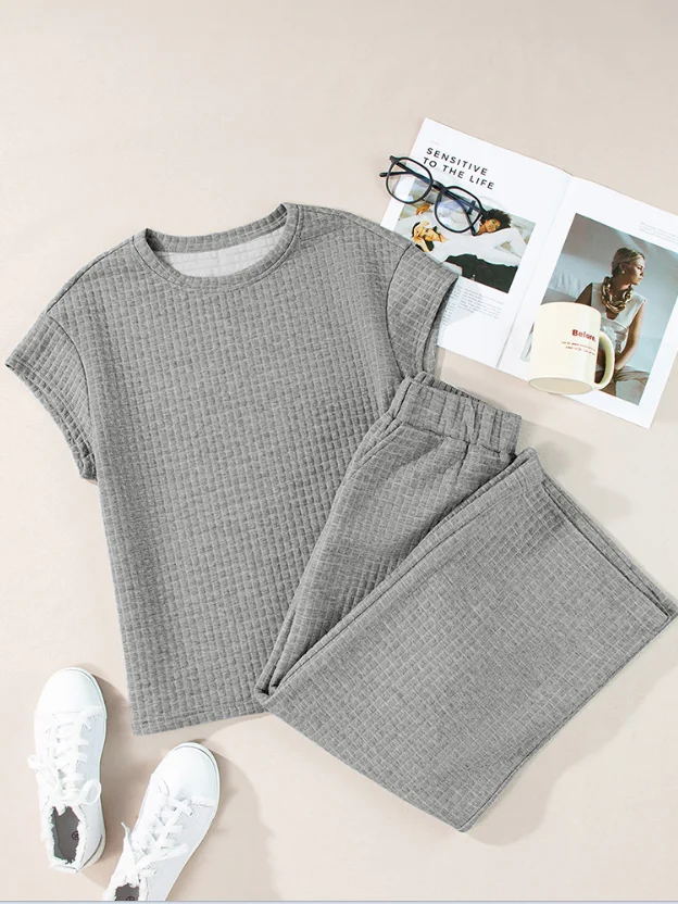 Women Plain Split Joint Two-Piece Set Daily Half Sleeve Casual Summer Top With Pants Matching Set