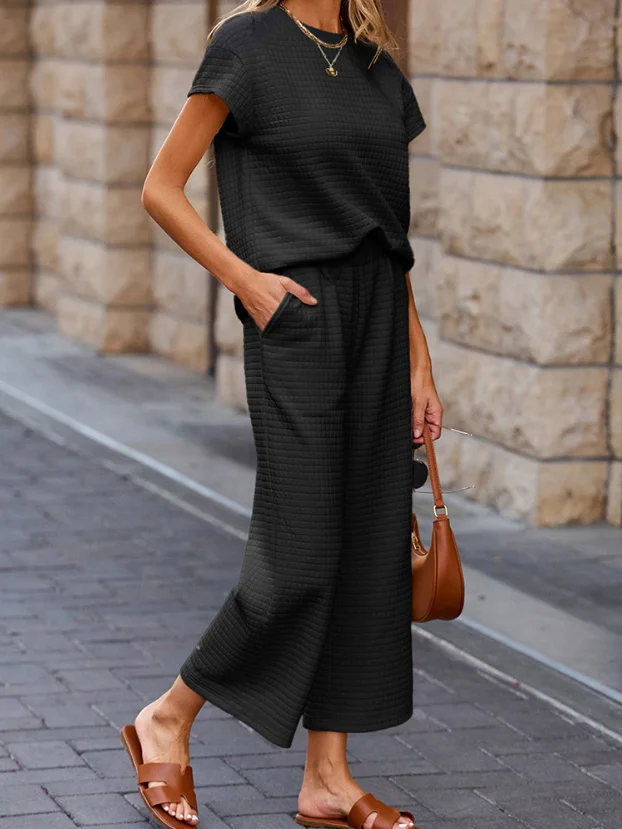 Women Plain Split Joint Two-Piece Set Daily Half Sleeve Casual Summer Top With Pants Matching Set