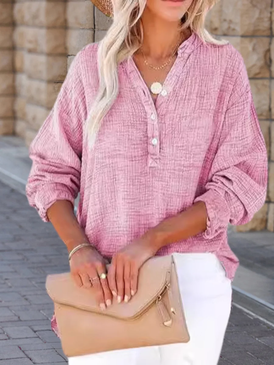 Women Plain Long Sleeve Shirt Spring/Fall Split Joint V Neck Daily Casual Top