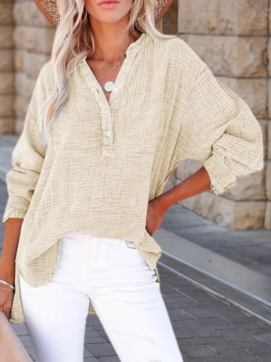 Women Plain Long Sleeve Shirt Spring/Fall Split Joint V Neck Daily Casual Top