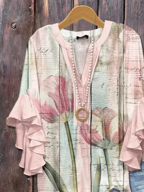 Women Floral Half Sleeve Shirt Summer Printing V Neck Daily Casual Top