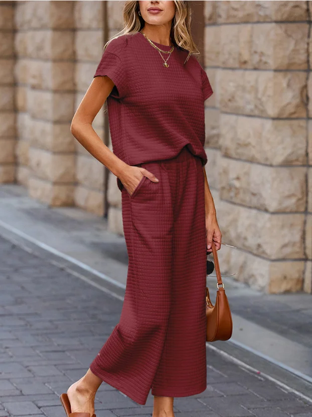 Women Plain Split Joint Two-Piece Set Daily Half Sleeve Casual Summer Top With Pants Matching Set