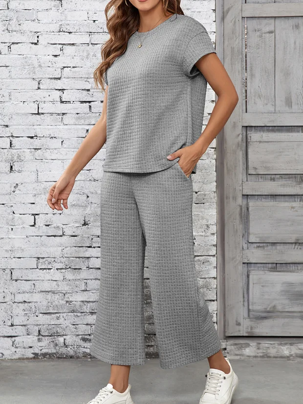 Women Plain Split Joint Two-Piece Set Daily Half Sleeve Casual Summer Top With Pants Matching Set