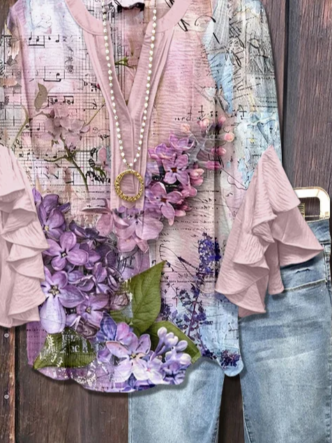 Women Floral Half Sleeve Shirt Summer Printing V Neck Daily Casual Top