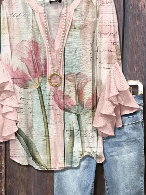Women Floral Half Sleeve Shirt Summer Printing V Neck Daily Casual Top