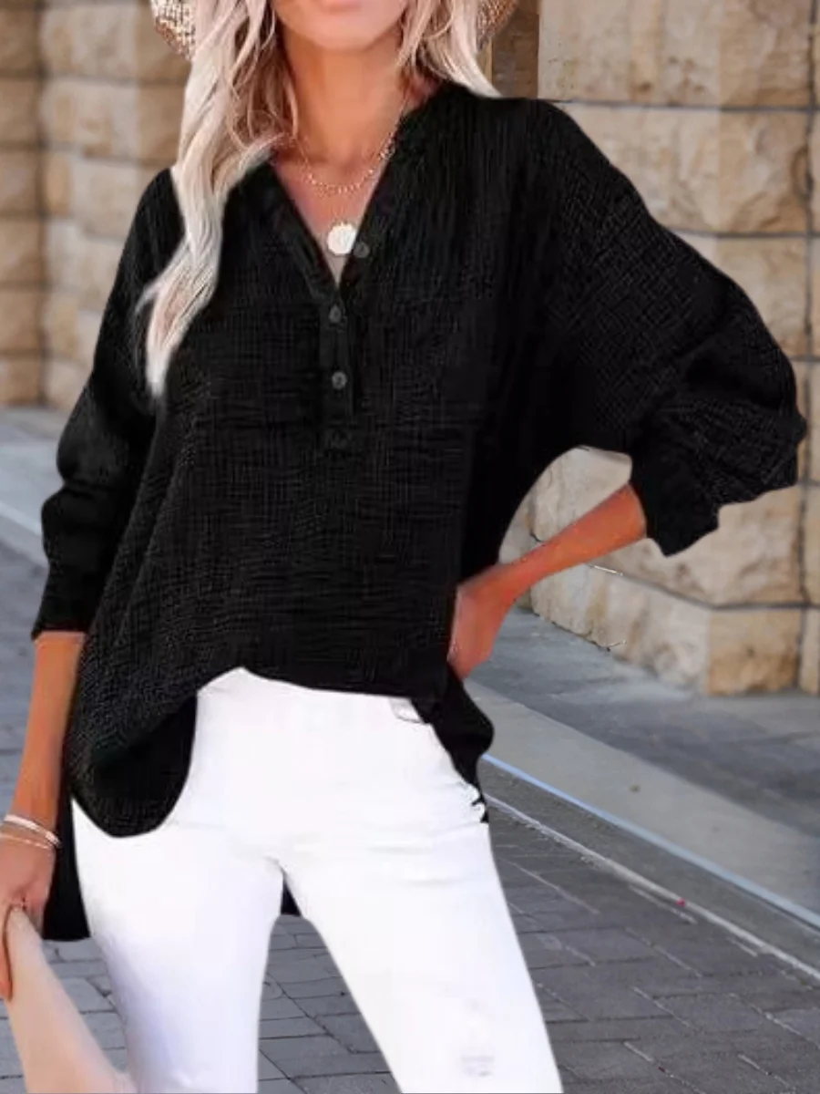 Women Plain Long Sleeve Shirt Spring/Fall Split Joint V Neck Daily Casual Top