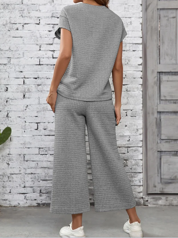 Women Plain Split Joint Two-Piece Set Daily Half Sleeve Casual Summer Top With Pants Matching Set