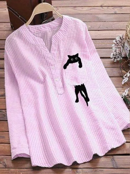 Women Striped Long Sleeve Shirt Spring/Fall Printing V Neck Daily Vintage Top