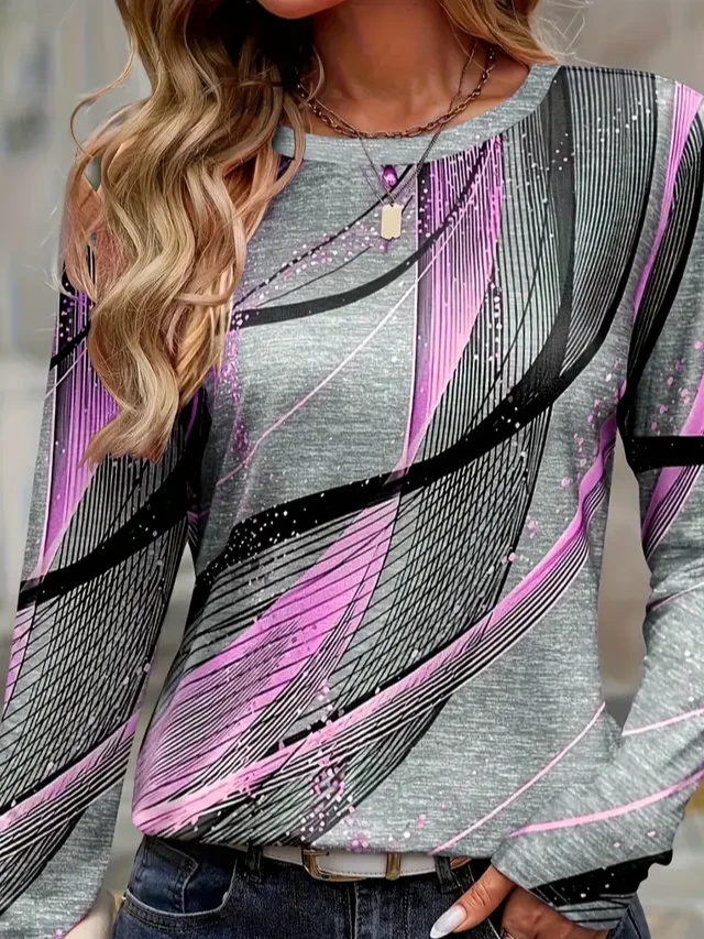 Women Abstract Long Sleeve Tee T-shirt Crew Neck Printing Casual Spring/Fall Graphic Tee Top