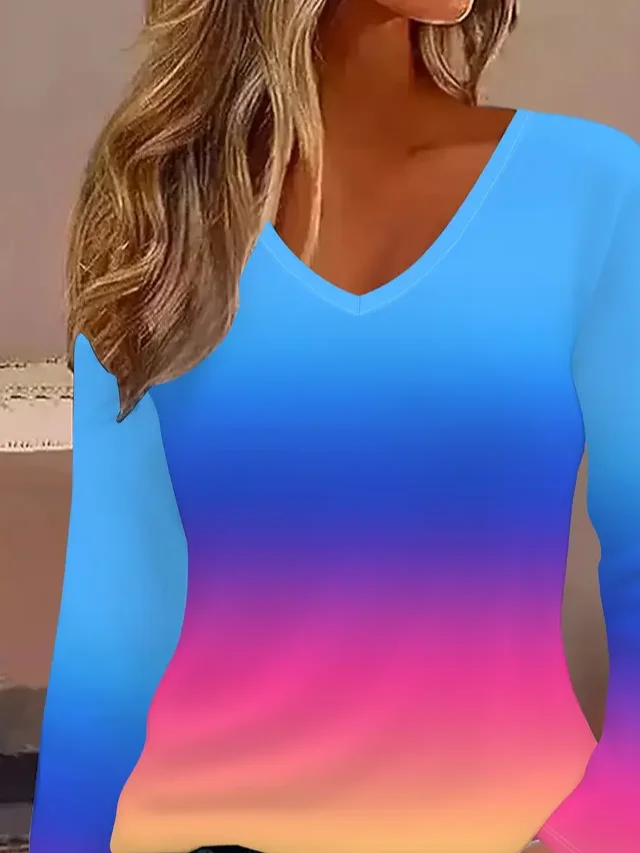 Women Ombre Long Sleeve Tee T-shirt V Neck Printing Casual Spring/Fall Graphic Tee Top