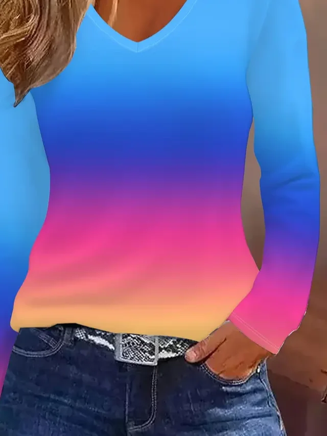 Women Ombre Long Sleeve Tee T-shirt V Neck Printing Casual Spring/Fall Graphic Tee Top