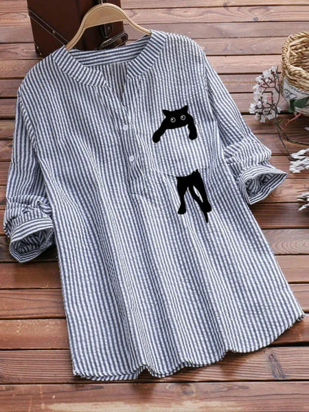 Women Striped Long Sleeve Shirt Spring/Fall Printing V Neck Daily Vintage Top