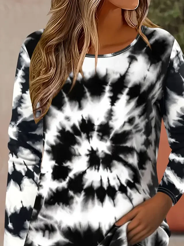 Women Tie-Dye Pattern Long Sleeve Tee T-shirt Crew Neck Printing Casual Spring/Fall Graphic Tee Top