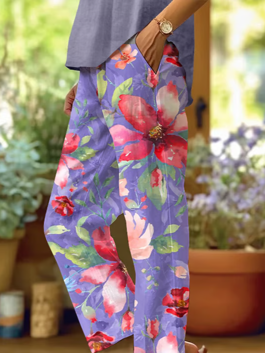 Women Floral Long Pants Casual Spring/Fall Trousers