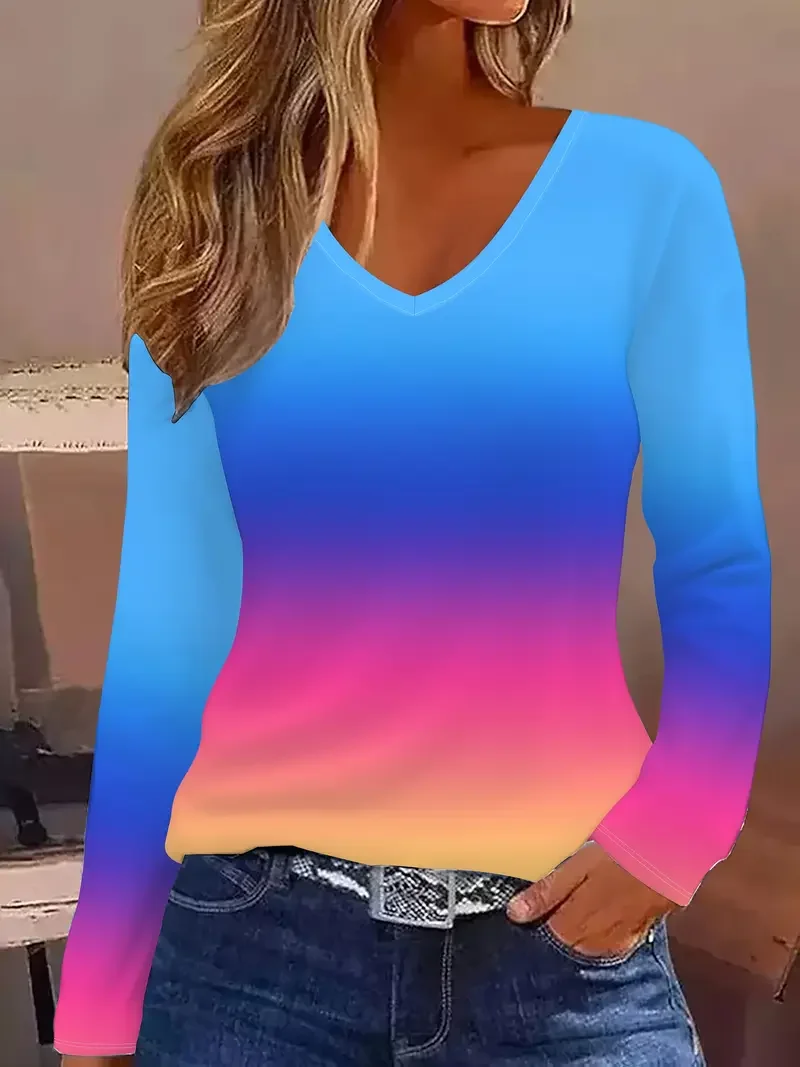 Women Ombre Long Sleeve Tee T-shirt V Neck Printing Casual Spring/Fall Graphic Tee Top