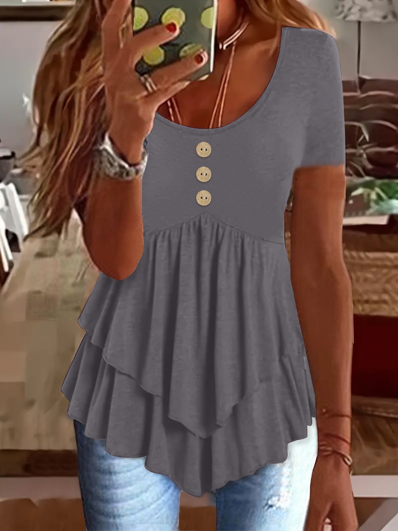Women Plain Short Sleeve Tee T-shirt Crew Neck Casual Summer Top