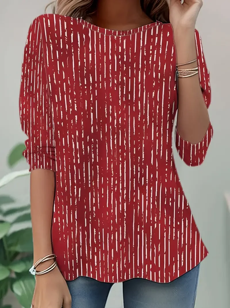 Women Abstract Stripes Long Sleeve Tee T-shirt Crew Neck Printing Casual Spring/Fall Tunic Top