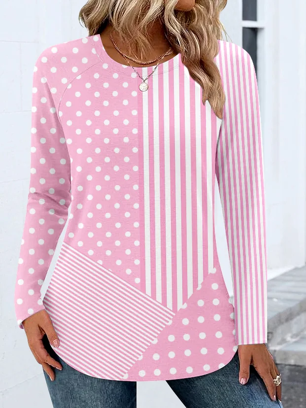 Women Color Block Long Sleeve Tee T-shirt Crew Neck Casual Spring/Fall Top