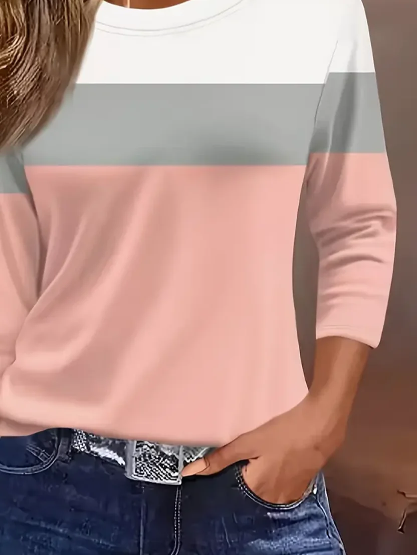 Women Multicolor Block Three Quarter Sleeve Tee T-shirt Crew Neck Casual Spring/Fall Graphic Tee Top