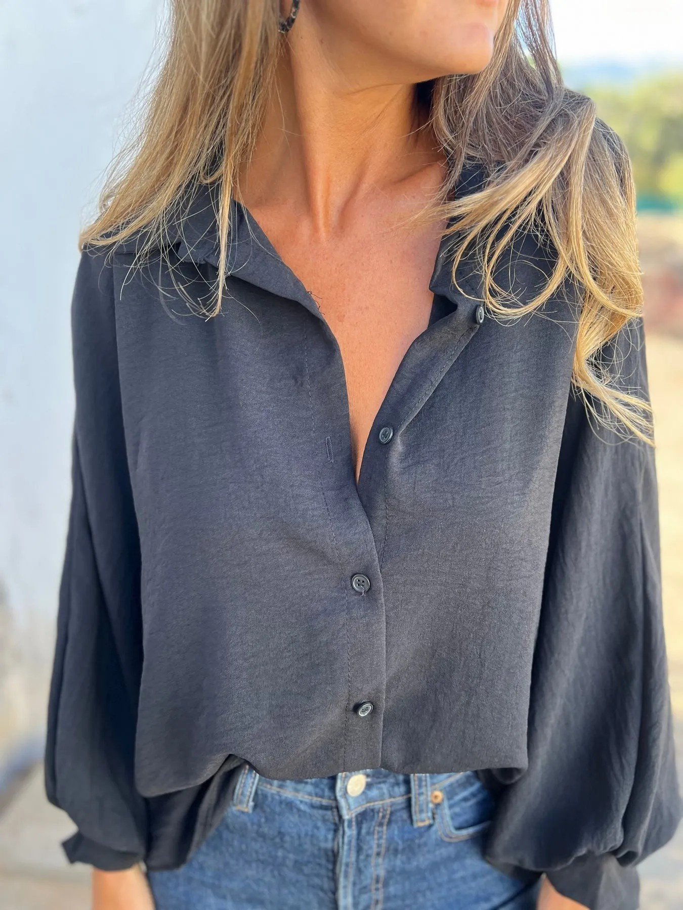 Women Plain Long Sleeve Shirt Spring/Fall Split Joint Shawl Collar Dolman Sleeve Daily Casual Top