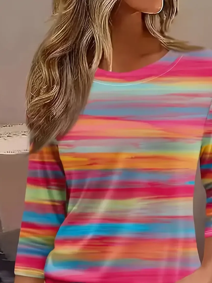 Women Striped Three Quarter Sleeve Tee T-shirt Crew Neck Casual Spring/Fall Graphic Tee Top