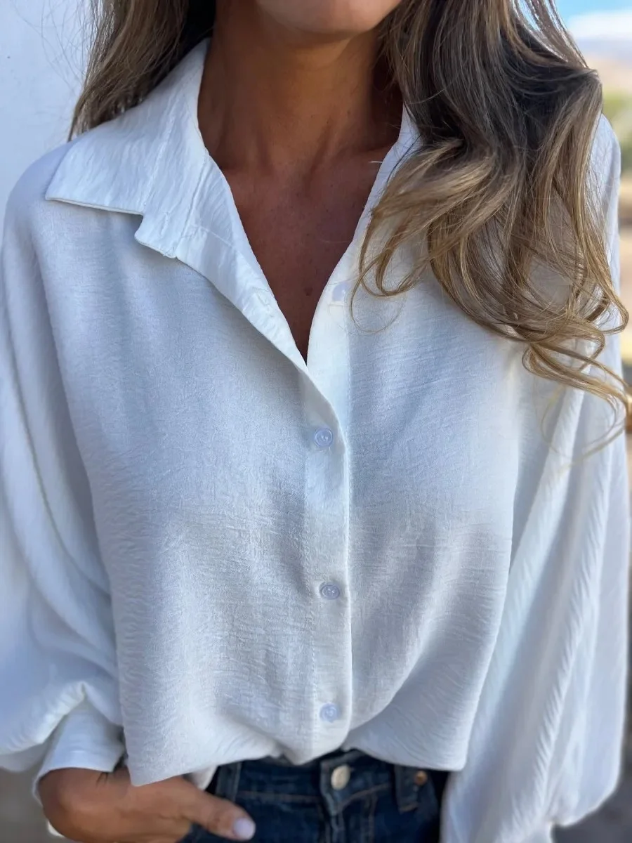 Women Plain Long Sleeve Shirt Spring/Fall Split Joint Shawl Collar Dolman Sleeve Daily Casual Top