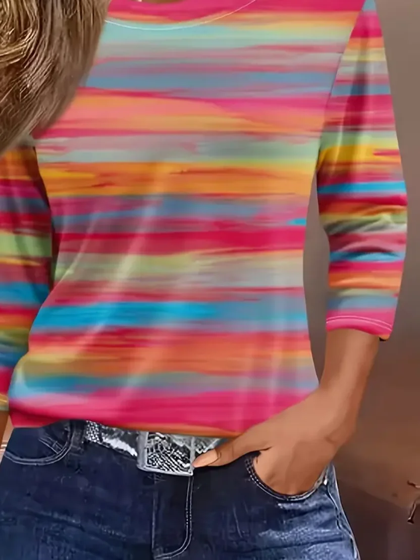 Women Striped Three Quarter Sleeve Tee T-shirt Crew Neck Casual Spring/Fall Graphic Tee Top