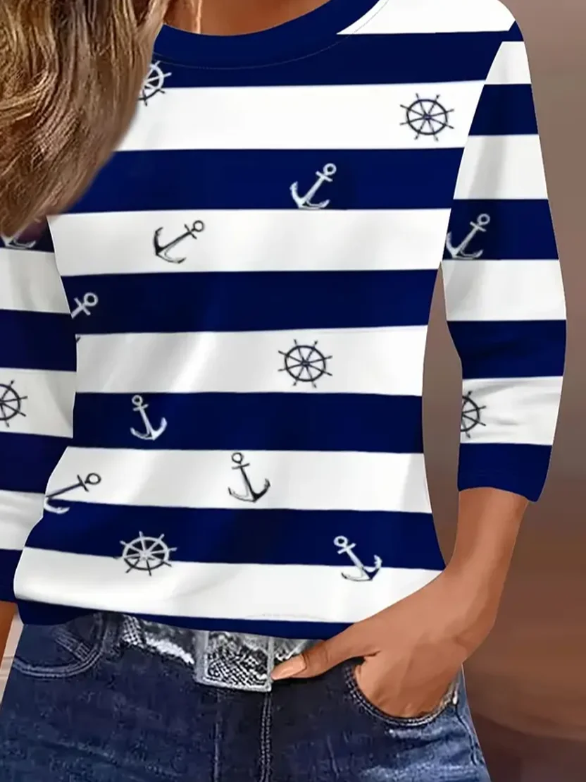 Women Striped Three Quarter Sleeve Tee T-shirt Crew Neck Casual Spring/Fall Graphic Tee Top