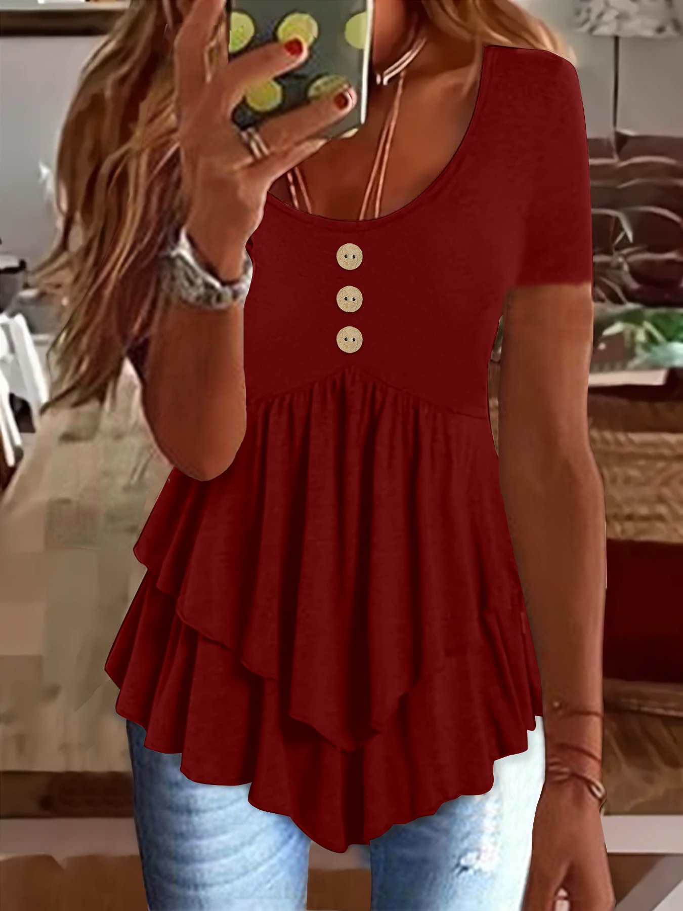 Women Plain Short Sleeve Tee T-shirt Crew Neck Casual Summer Top
