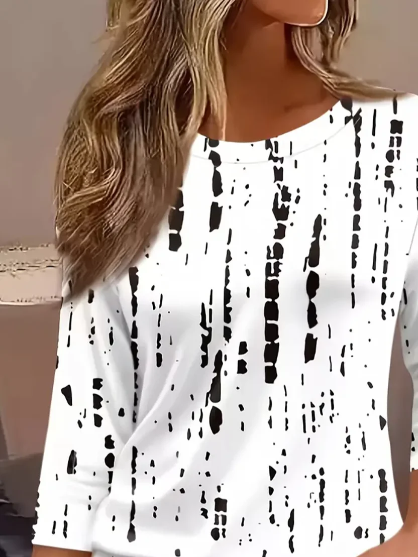Women Abstract Three Quarter Sleeve Tee T-shirt Crew Neck Casual Spring/Fall Graphic Tee Top