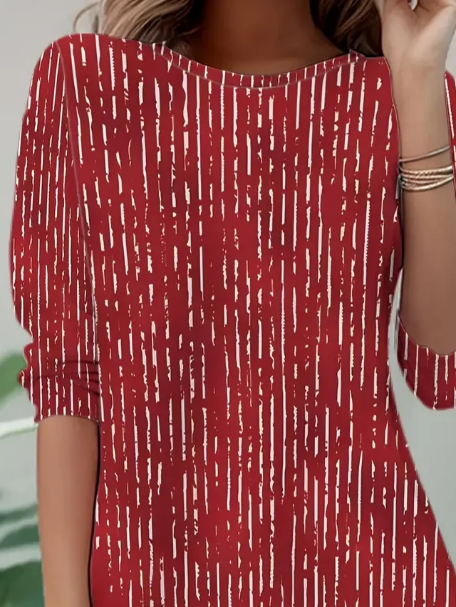 Women Abstract Stripes Long Sleeve Tee T-shirt Crew Neck Printing Casual Spring/Fall Tunic Top