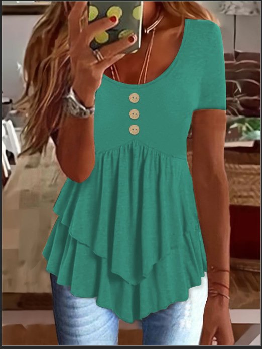 Women Plain Short Sleeve Tee T-shirt Crew Neck Casual Summer Top