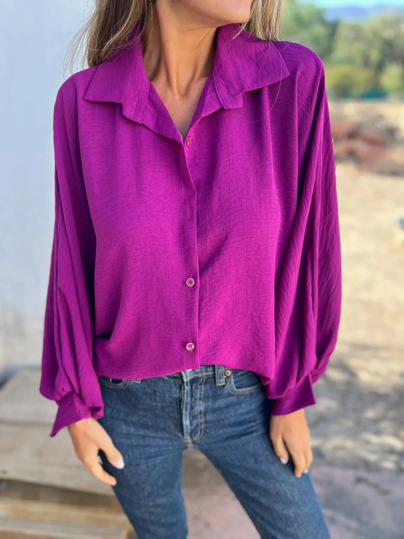 Women Plain Long Sleeve Shirt Spring/Fall Split Joint Shawl Collar Dolman Sleeve Daily Casual Top
