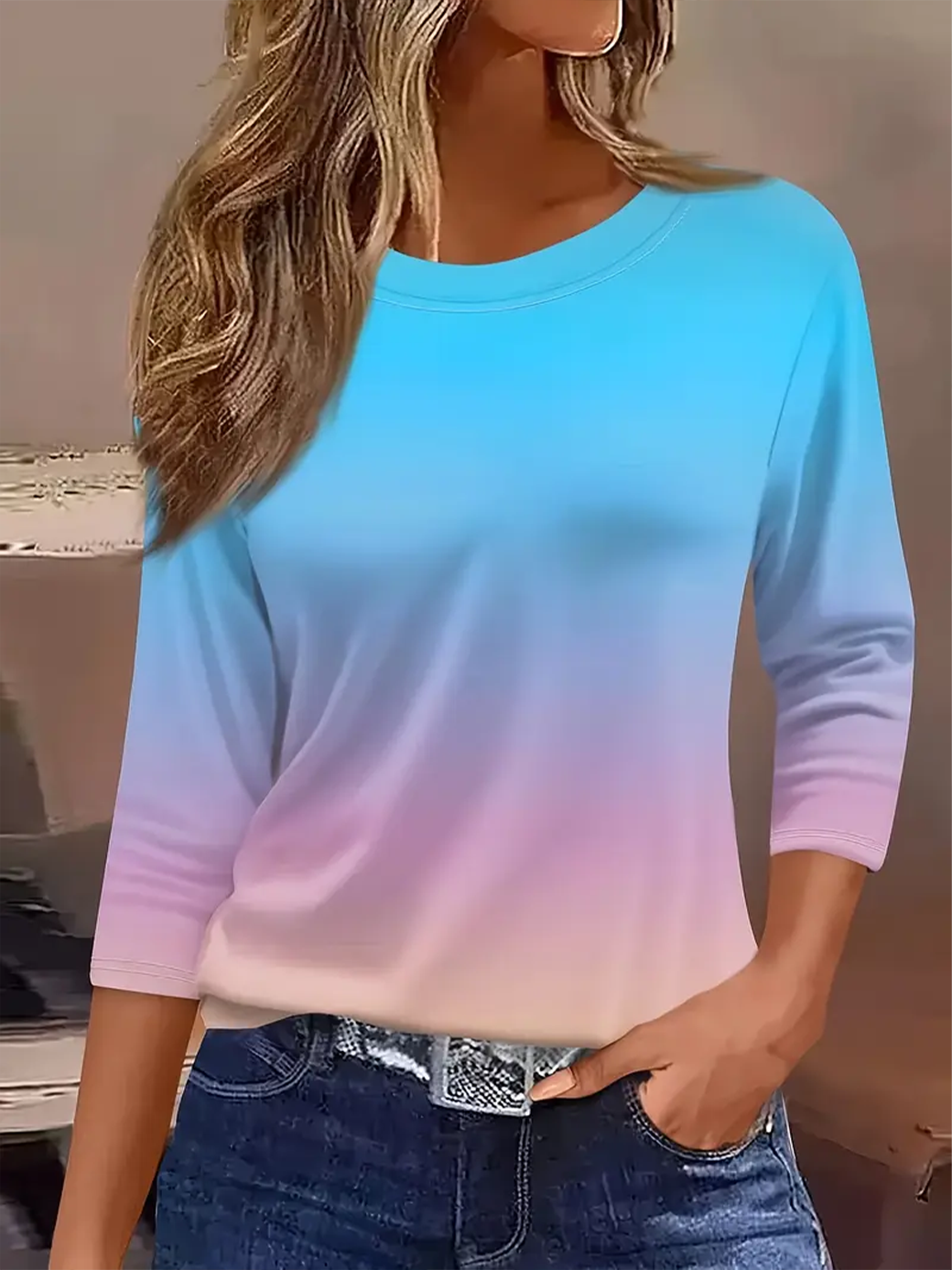 Women Ombre Three Quarter Sleeve Tee T-shirt Crew Neck Casual Spring/Fall Graphic Tee Top