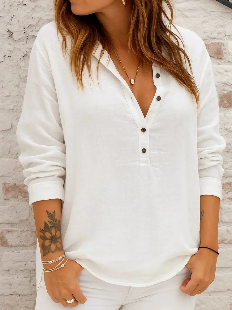 Women Plain Long Sleeve Shirt Spring/Fall Split Joint Stand Collar Daily Casual Top