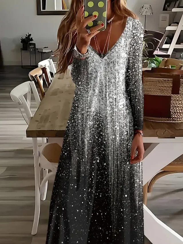 Women Abstract Long Sleeve Spring/Fall Printing Dress V Neck Daily Casual Maxi H-Line Dress